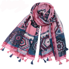 Hot selling national style scarf geometric pattern printed arab hijab scarf cotton voile tassel scarf